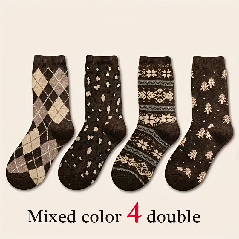4 Pairs Plaid & Trees Print Socks Mid Tube Women's Stockings