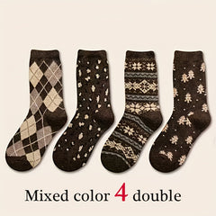 4 Pairs Plaid & Trees Print Socks Mid Tube Women's Stockings