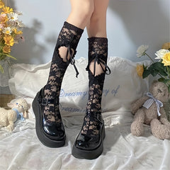 Floral Lace Calf Socks Lolita Mesh Knee High Socks Women's Stockings