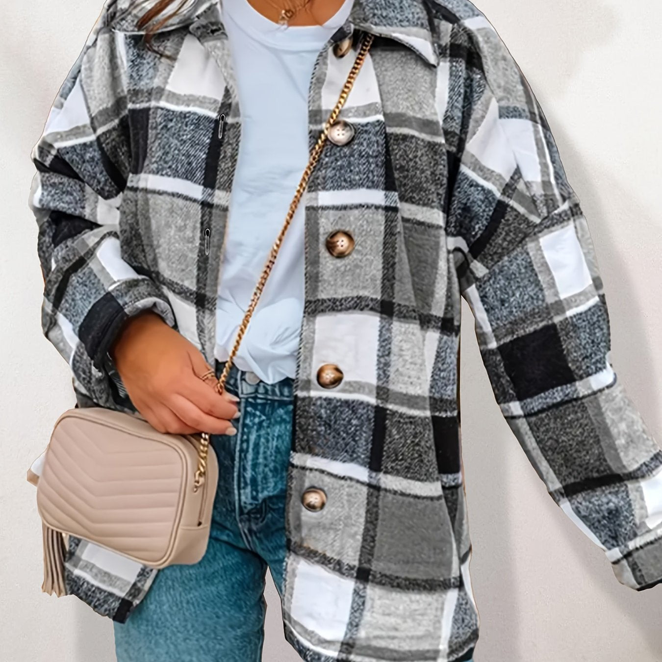  Plaid Button Up Long Sleeve Shacket