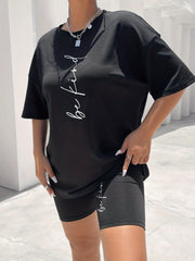 Letter Print Matching Two piece Set Short Sleeve T shirt & Shorts