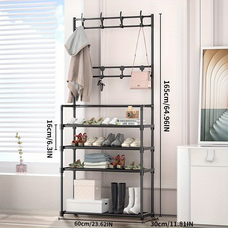 Entryway Coat and Shoe Rack with Hooks and Shelf