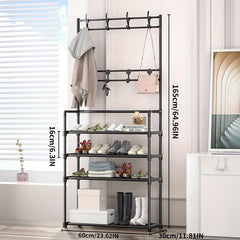 Entryway Coat and Shoe Rack with Hooks and Shelf