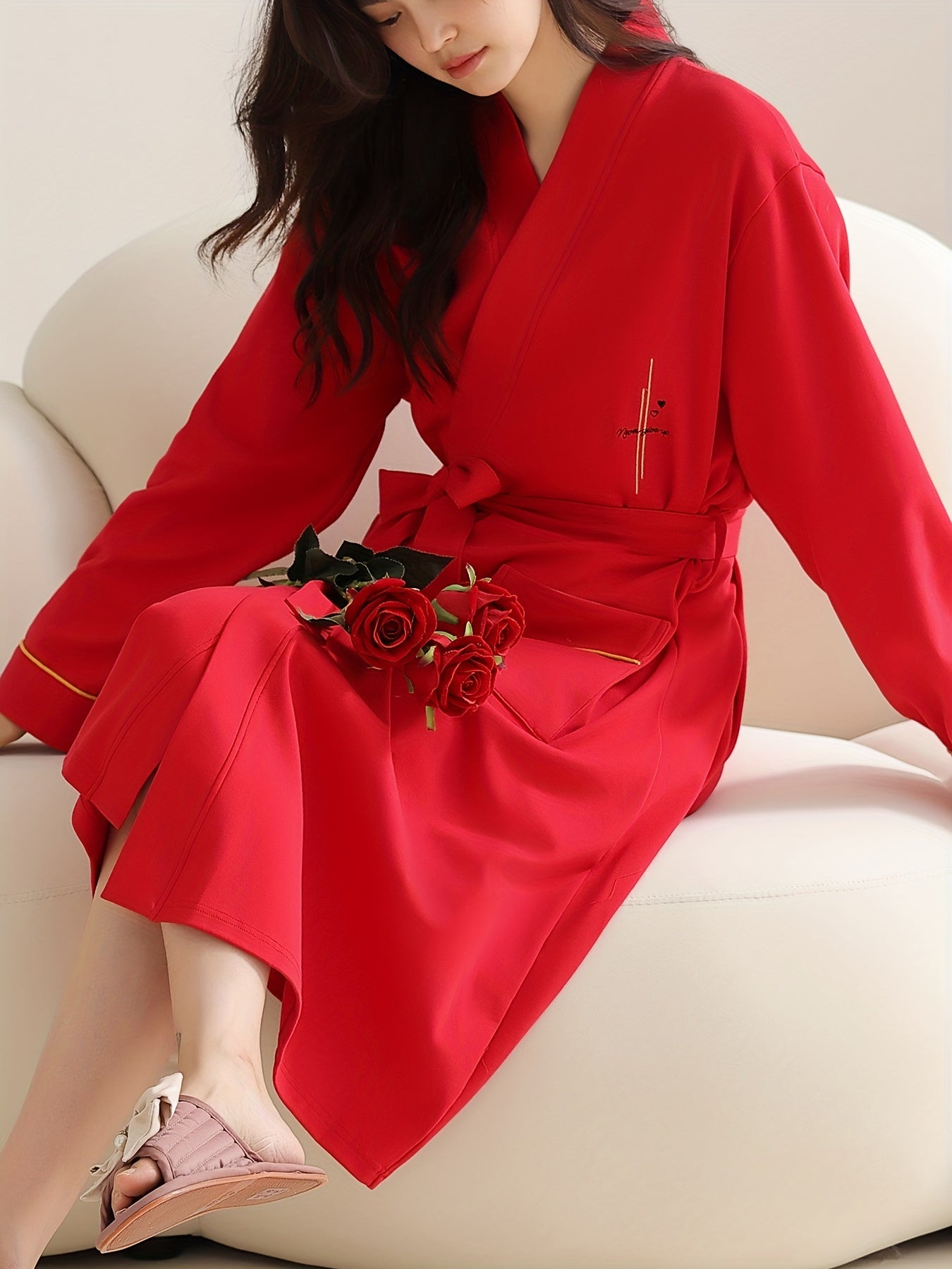 Women's Solid Lounge Robe V Neck Long Sleeve with Belt & Pockets