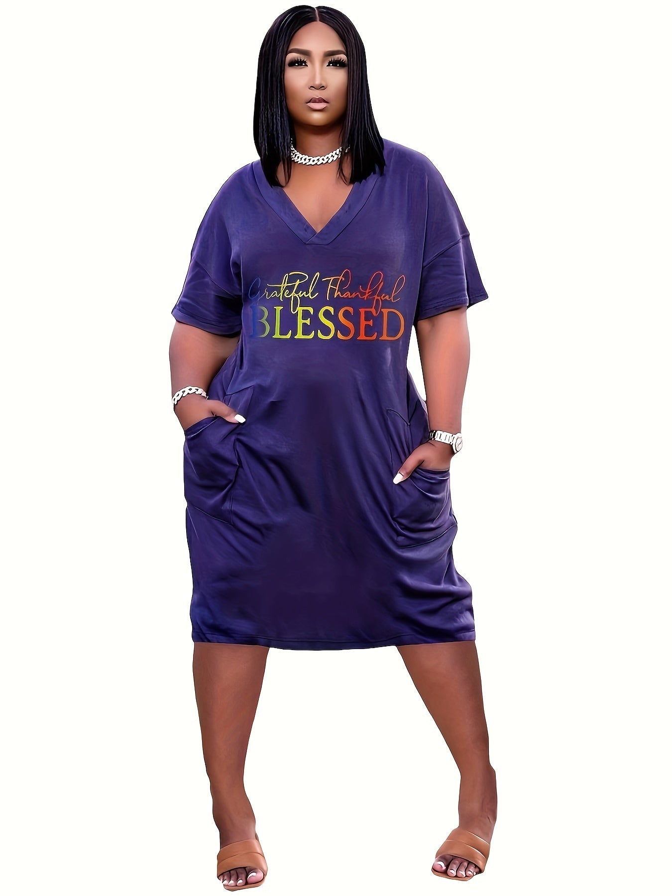 Women's Plus Ombre Letter Print Short Sleeve V Neck Casual Dress