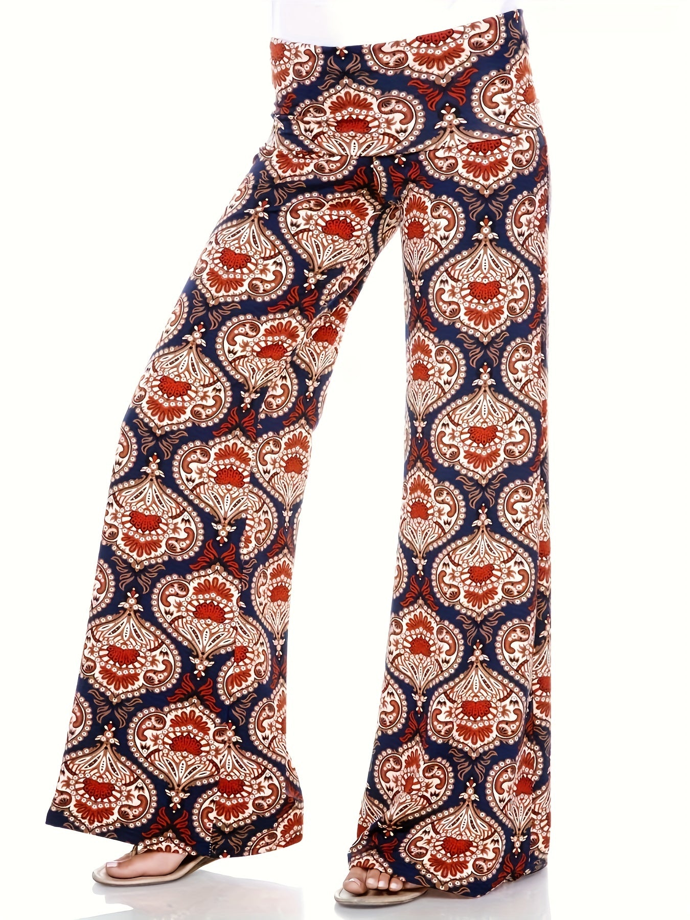  Boho Pants High Rise Wide Leg Paisley Print Stretch