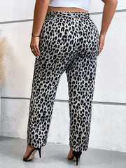 Women's Plus Leopard Print Ruffle Trim Pants With Belt