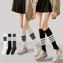 3 Pairs Striped Calf Knee High Socks Women's Stockings & Hosiery