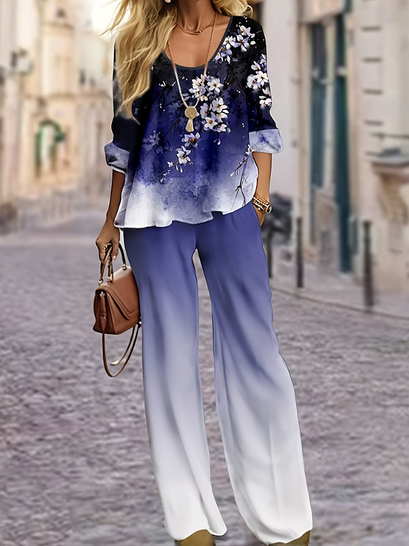  Ombre & Floral Print Long Sleeve Top & Pants Set
