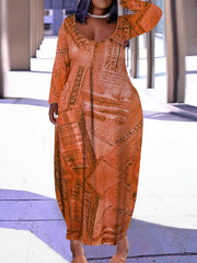  Denim Print Maxi Dress Long Sleeve Round Neck