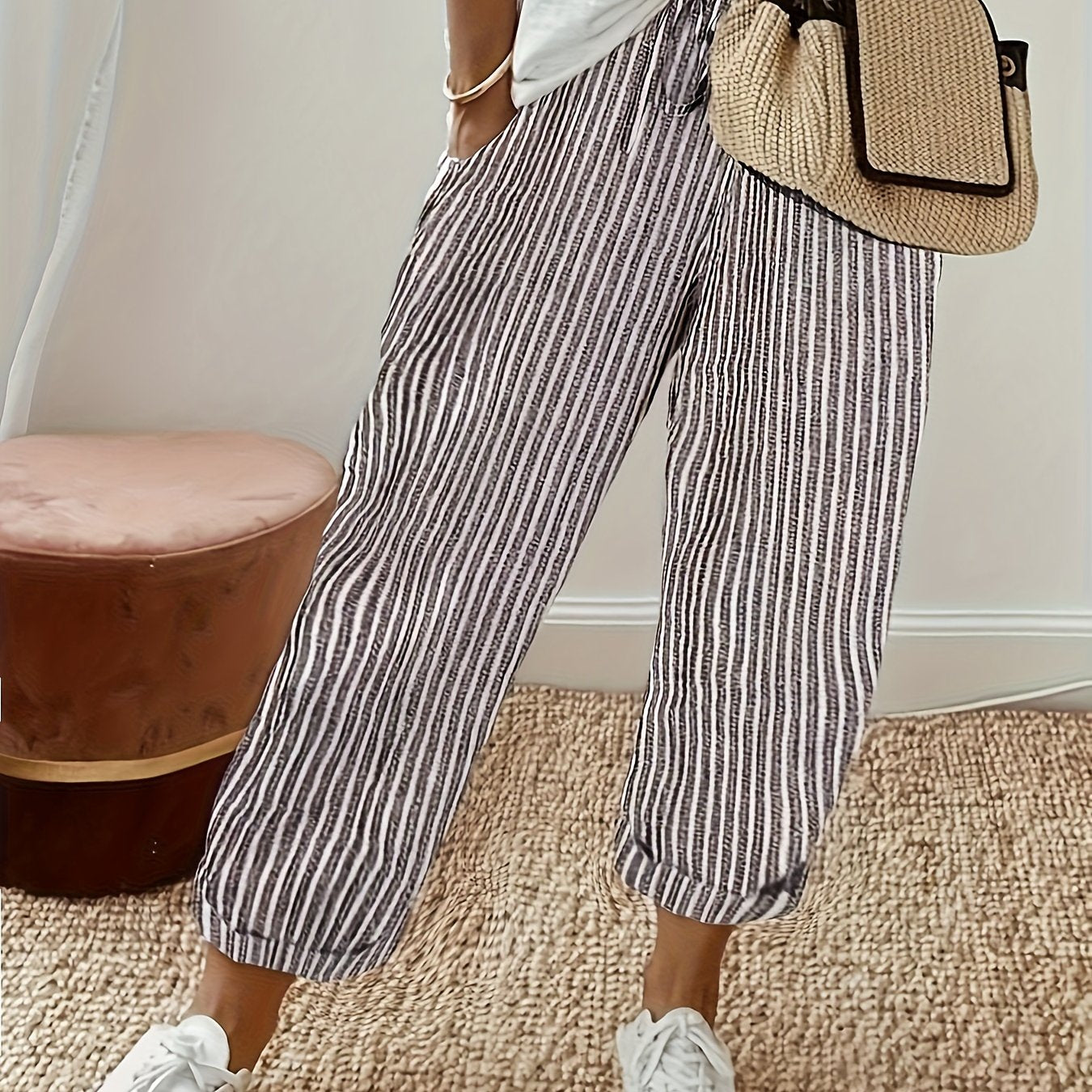  Striped Print Tie Waist Trousers