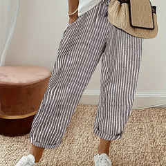  Striped Print Tie Waist Trousers