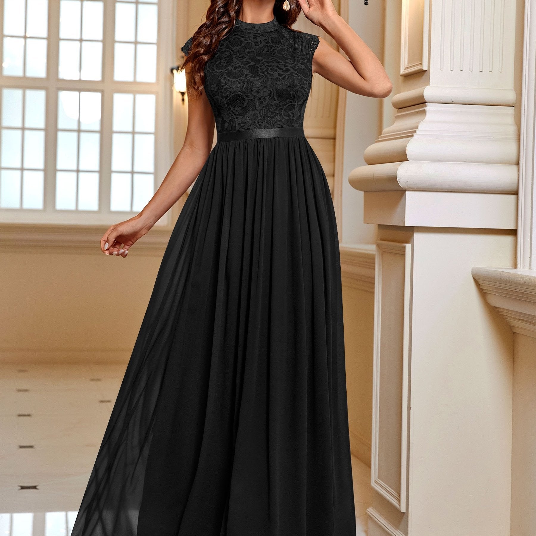 Cap Sleeve Lace Contrast Maxi Dress