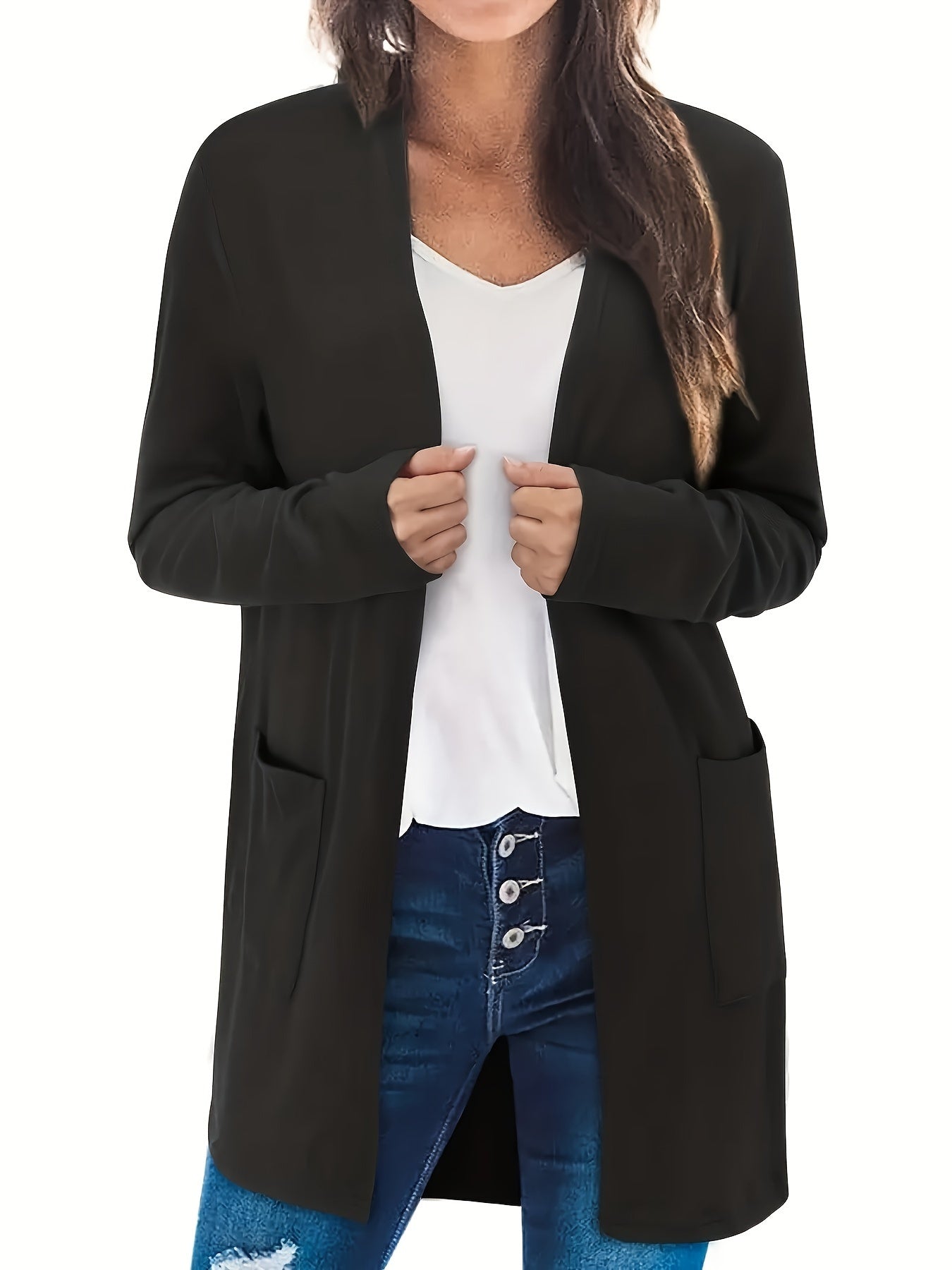  Casual Cardigan Women's Plus Solid Open Front Cardigan With Pockets