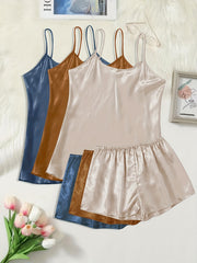 6 Pcs Plus Size Satin Cami Top & Shorts Pajamas Set