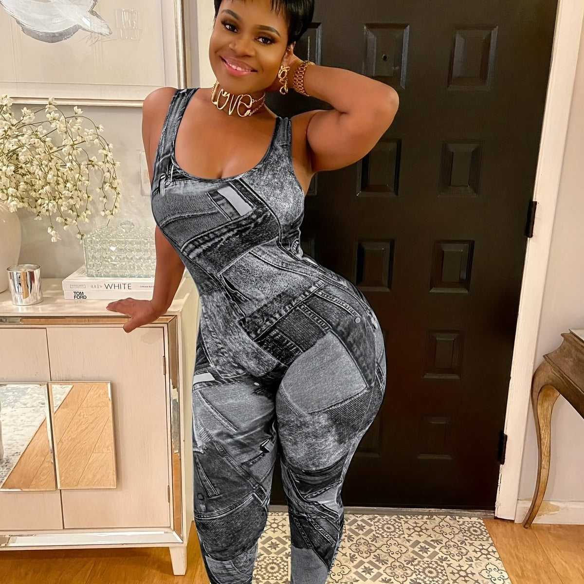 Denim Print Slim Tank Jumpsuit Women's Clothing