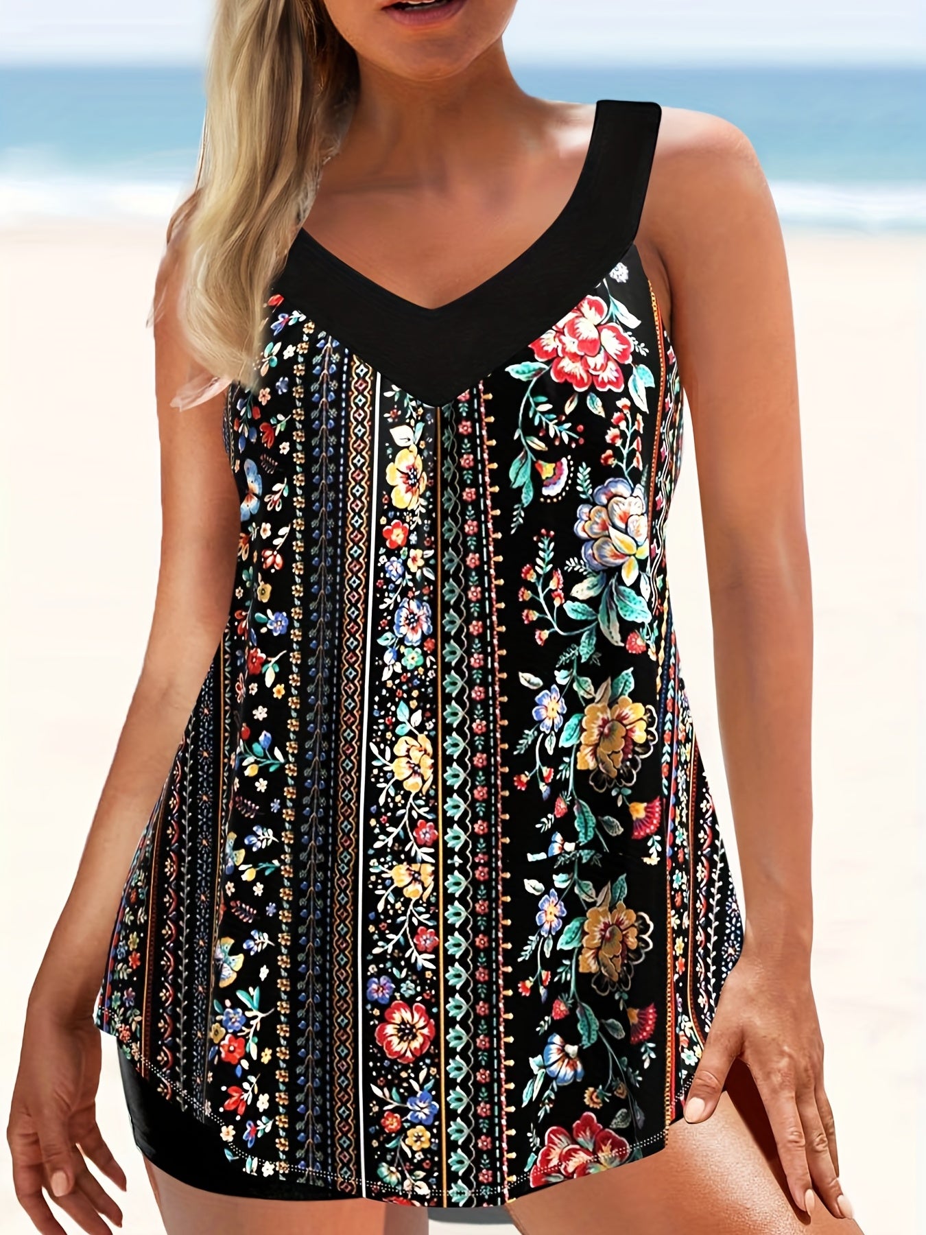  Floral & Striped V Neck Tankini Set