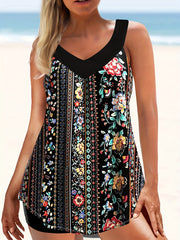  Floral & Striped V Neck Tankini Set