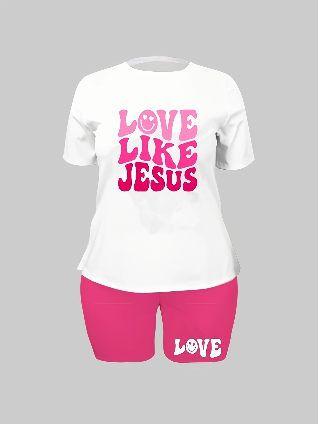  Casual 2 Piece Set: Art Letter & Face Print Top & Shorts