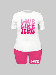  Casual 2 Piece Set: Art Letter & Face Print Top & Shorts