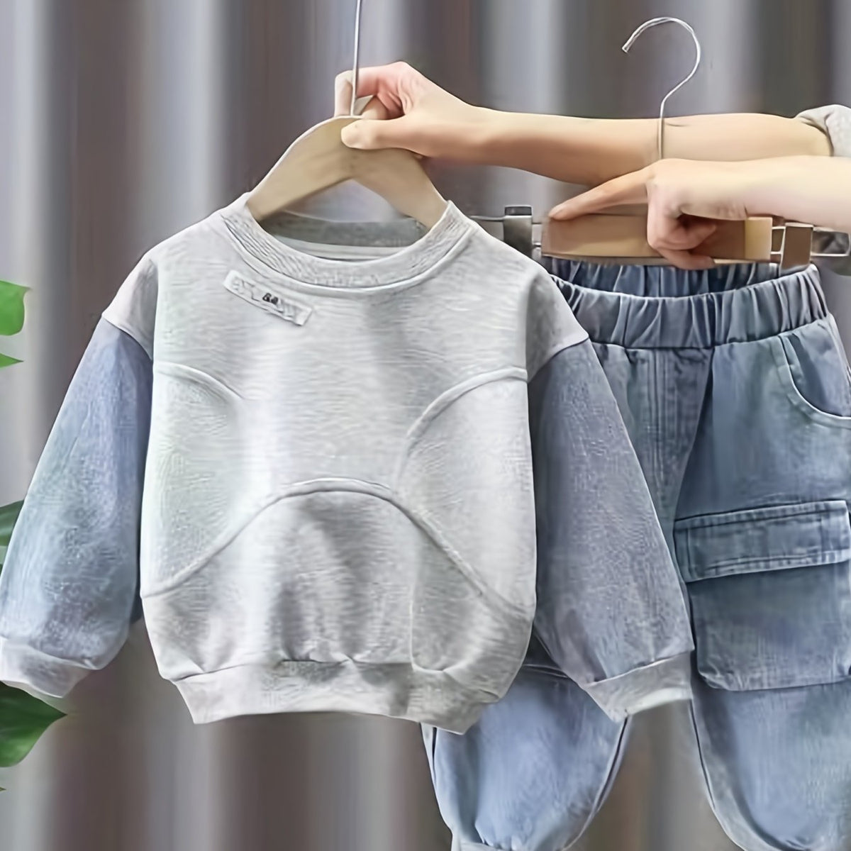 Boys Block Sweatshirt & Elastic Waist Jeans Street Style Casual Kids Clothes