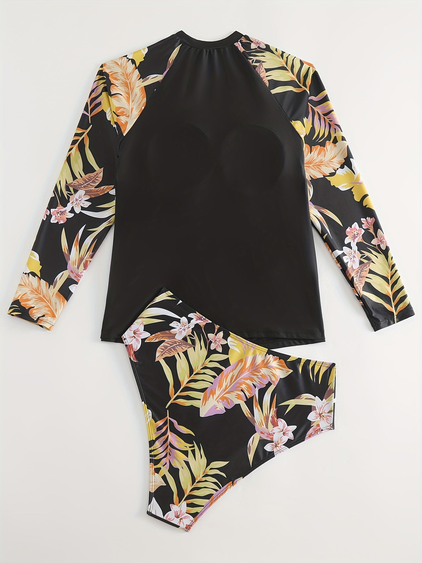  Tropical Print Tankini Set Long Sleeve Crew Neck Top & Panty Swimwear