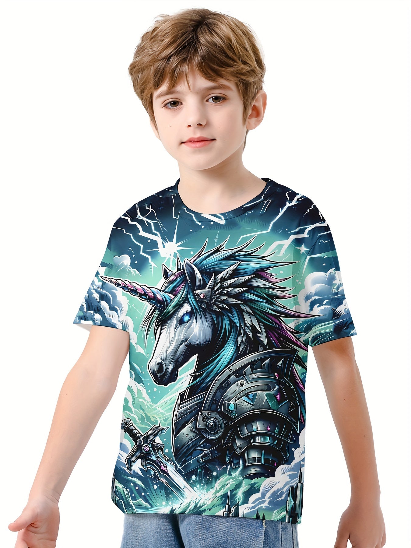Unicorn Warrior 3D Print Boy's Tee Short Sleeve Comfy T shirt Kids Summer Clothi