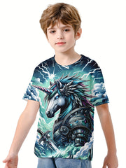 Unicorn Warrior 3D Print Boy's Tee Short Sleeve Comfy T shirt Kids Summer Clothi
