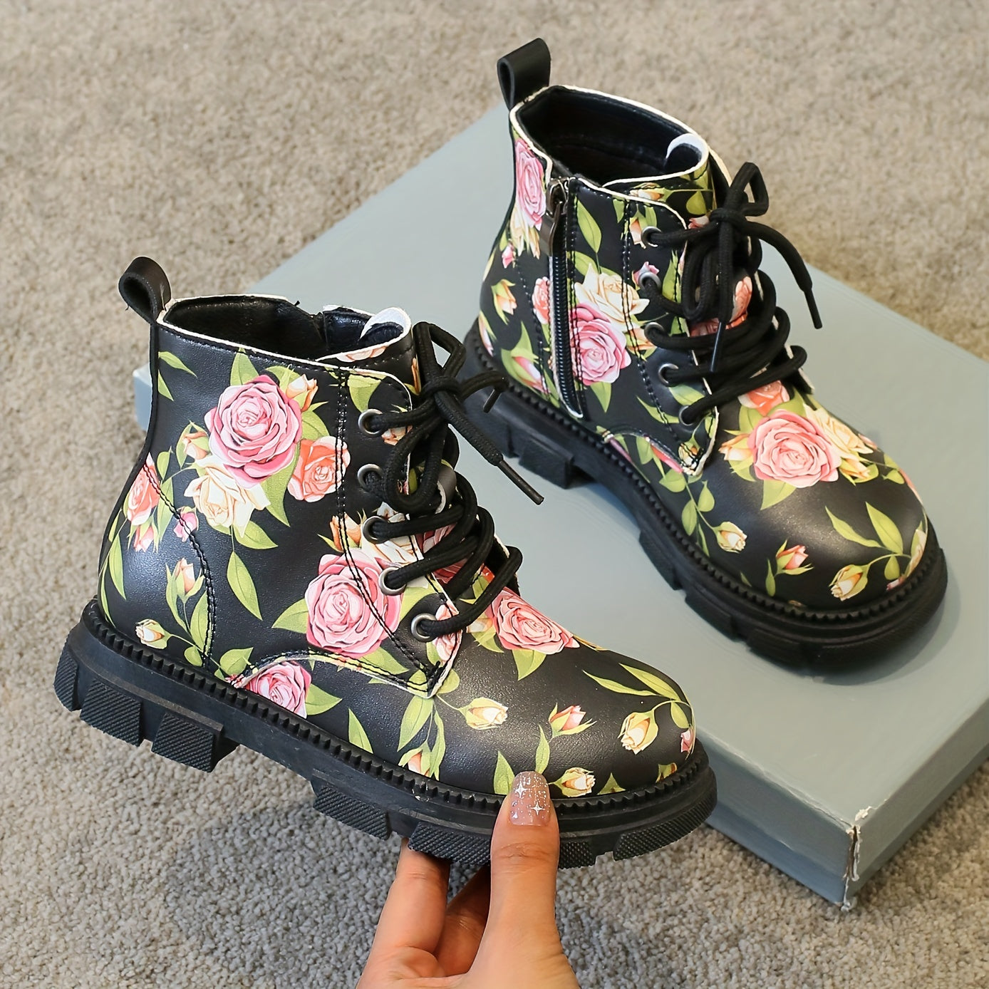 Girls Flower Print Lace Up Boots, Non Slip & Comfortable