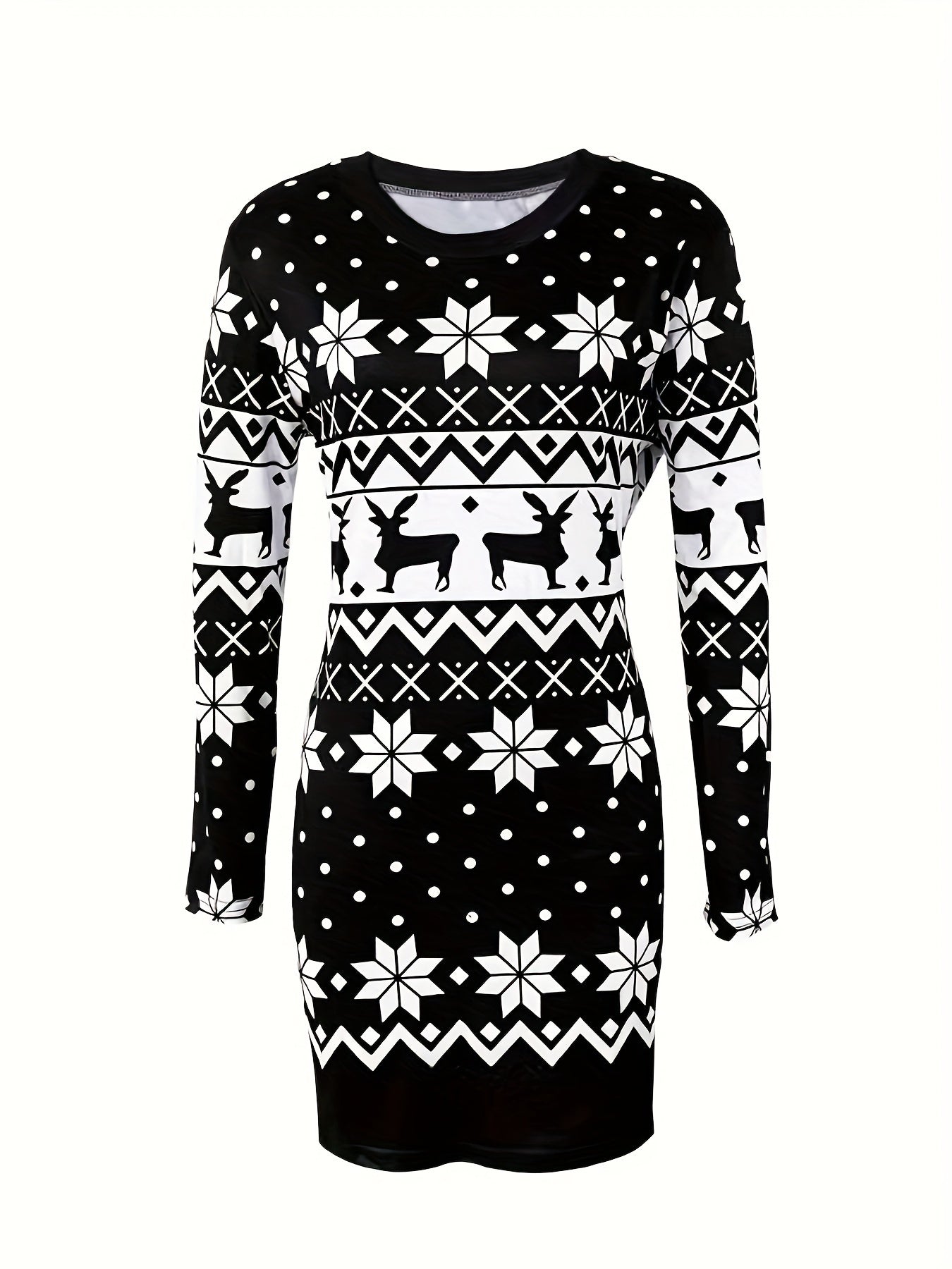  Christmas Graphic Print Long Sleeve Mini Dress