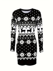  Christmas Graphic Print Long Sleeve Mini Dress