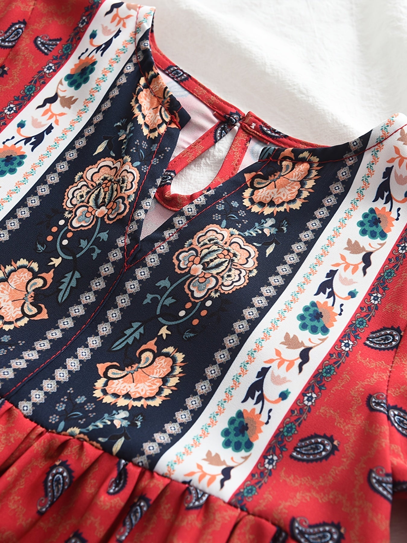 Girls' Ethnic Flowers Print V neck Summer Dress