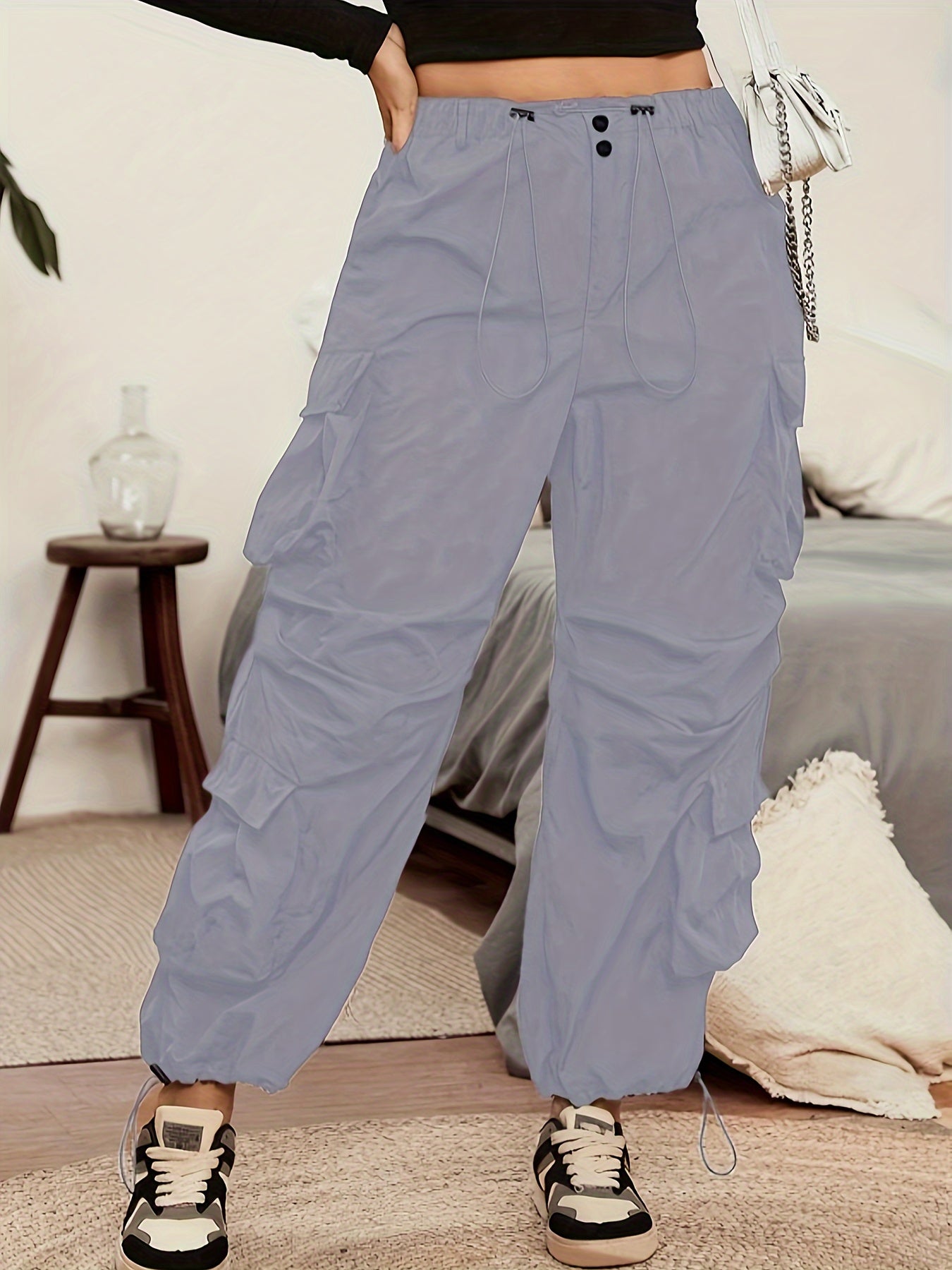  Solid Drawstring High Rise Cargo Trousers