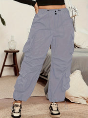  Solid Drawstring High Rise Cargo Trousers
