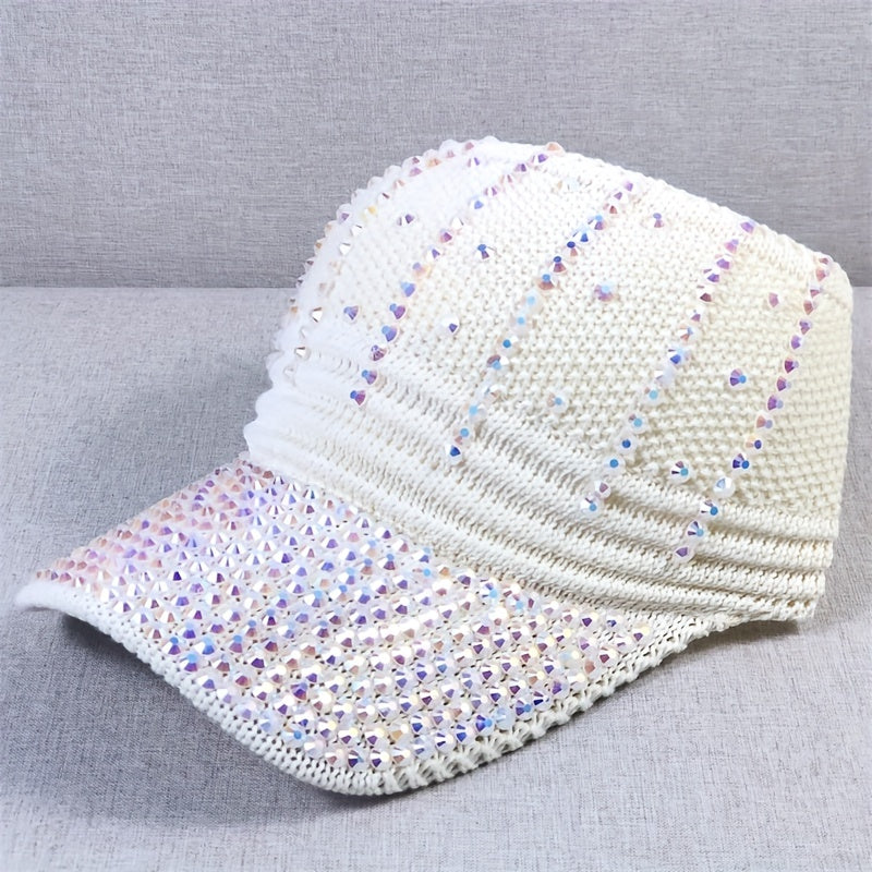 Rhinestone Visor Hat UV Protection Wide Brim Beach Cap