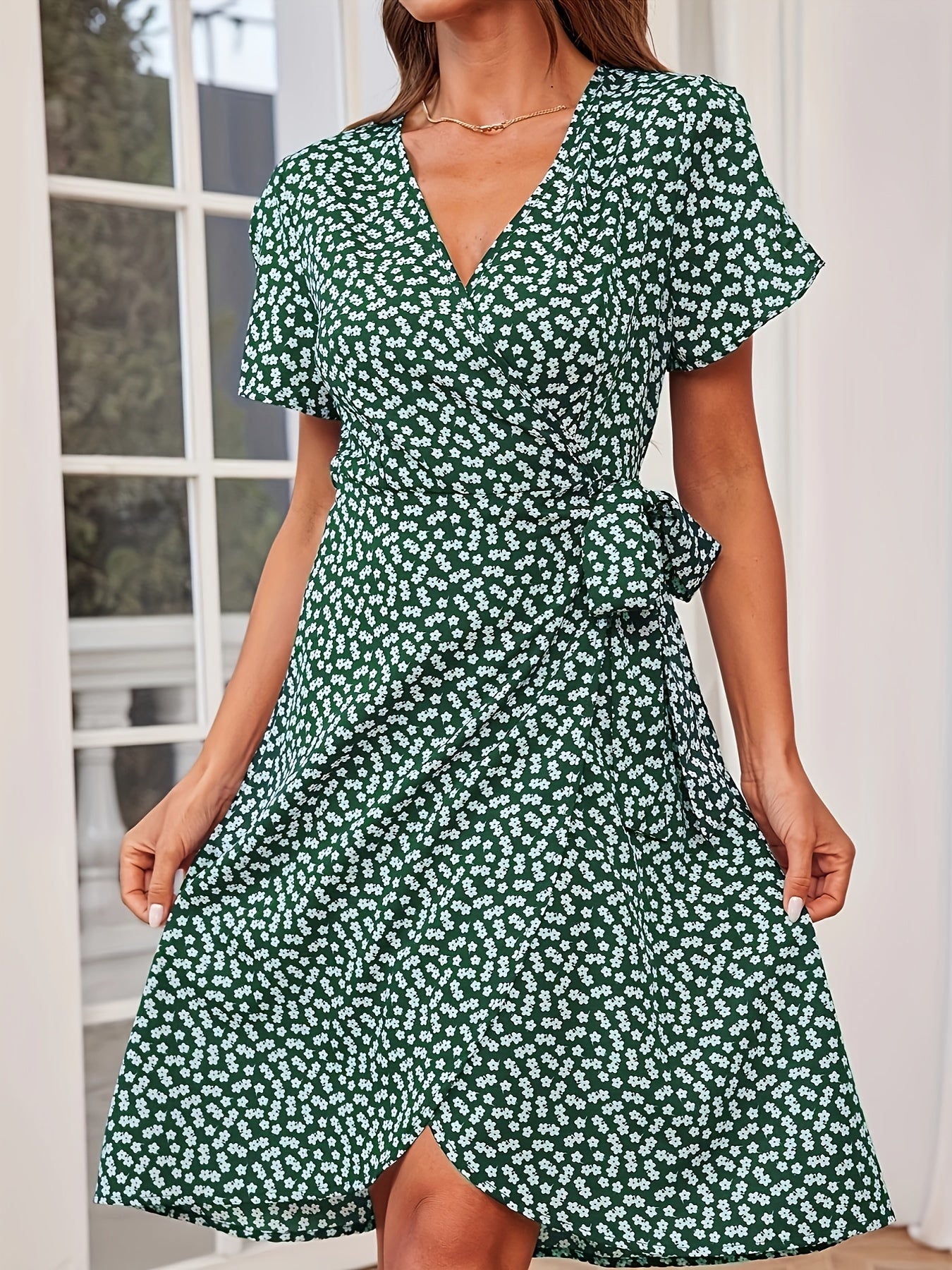 Floral Print Vacation Dress V Neck Short Sleeve Knot Summer Dress
