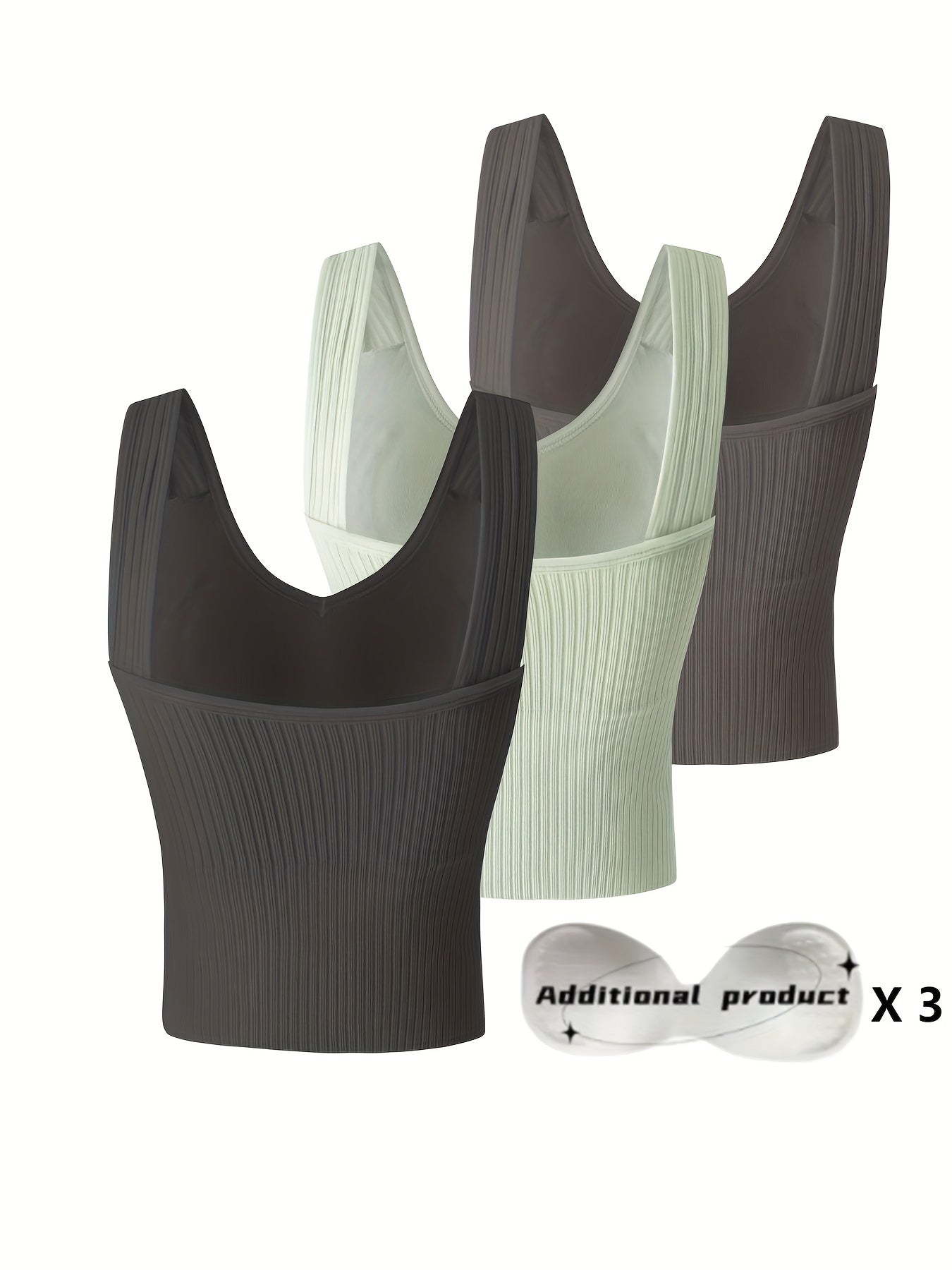3pcs Ribbed Tank Top Bra Detachable Chest Pads Women's Lingerie