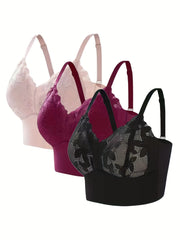 3pcs Contrast Lace Wireless Bras Comfy & Push Up Bra Women's Lingerie
