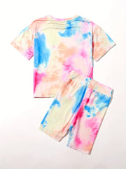 Girls' Tie Dye Short Sleeve T Shirt & Biker Shorts Set Sports Casual Yoga