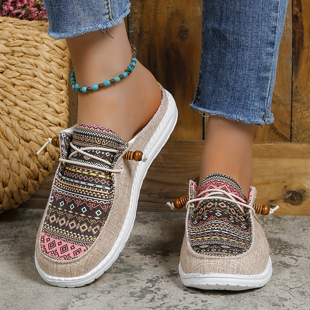 Women's Geometric Canvas Sneakers Low Top Retro Walking Loafers