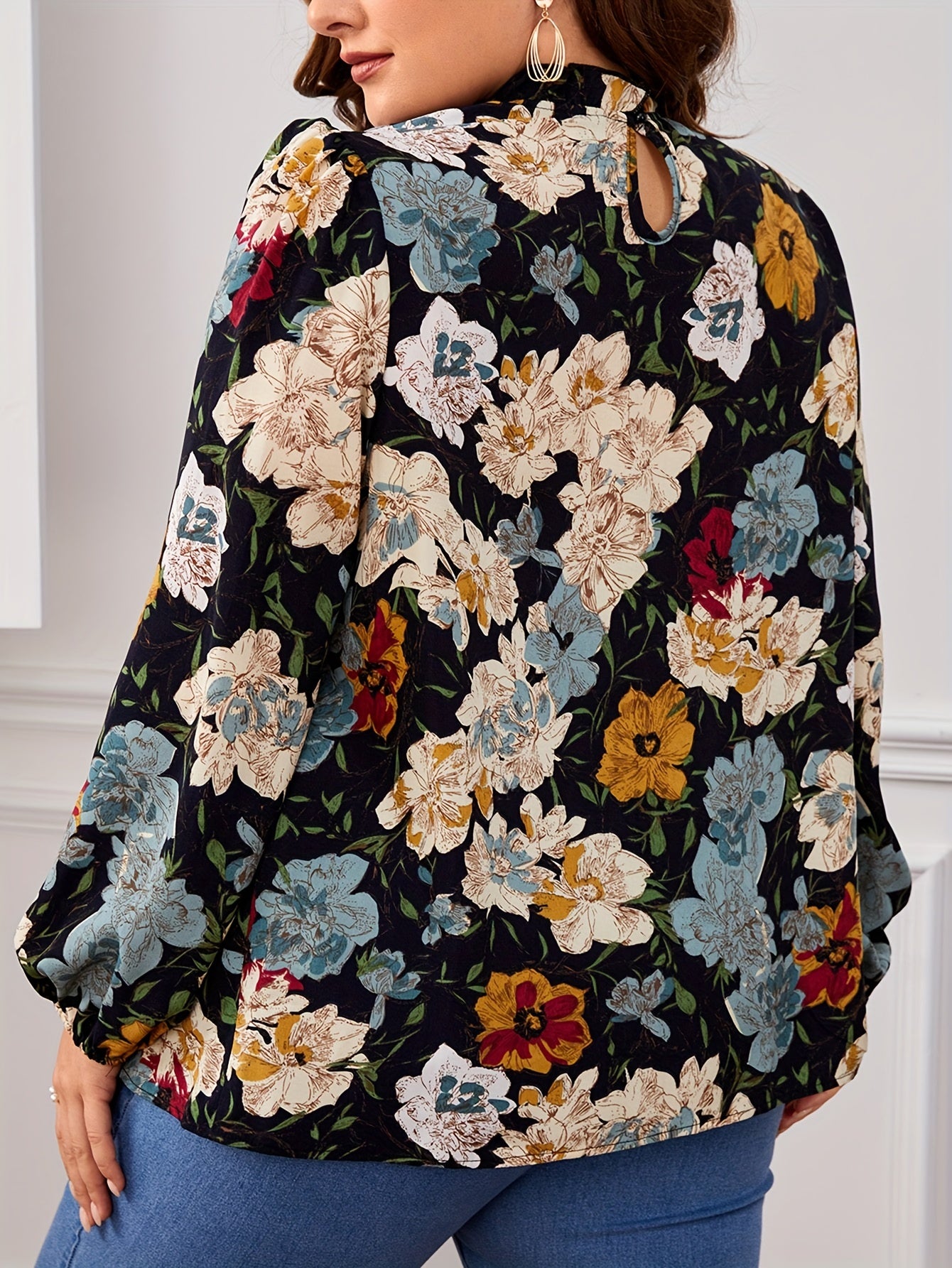  Floral Print Ruffle Trim Lantern Sleeve Blouse