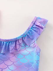 Mermaid Tie Dye Ruffled Swimsuit for Girls - One Shoulder One Piece