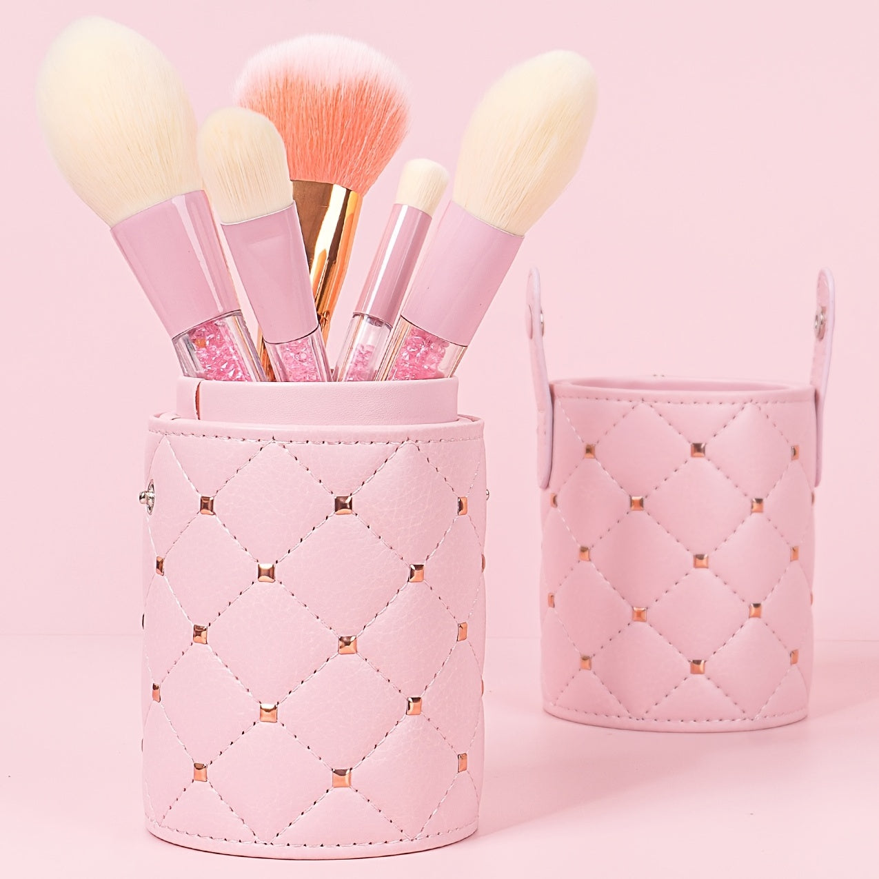 Rivets Studded Cosmetic Brush Travel Case Portable Makeup Brush Holder Cup