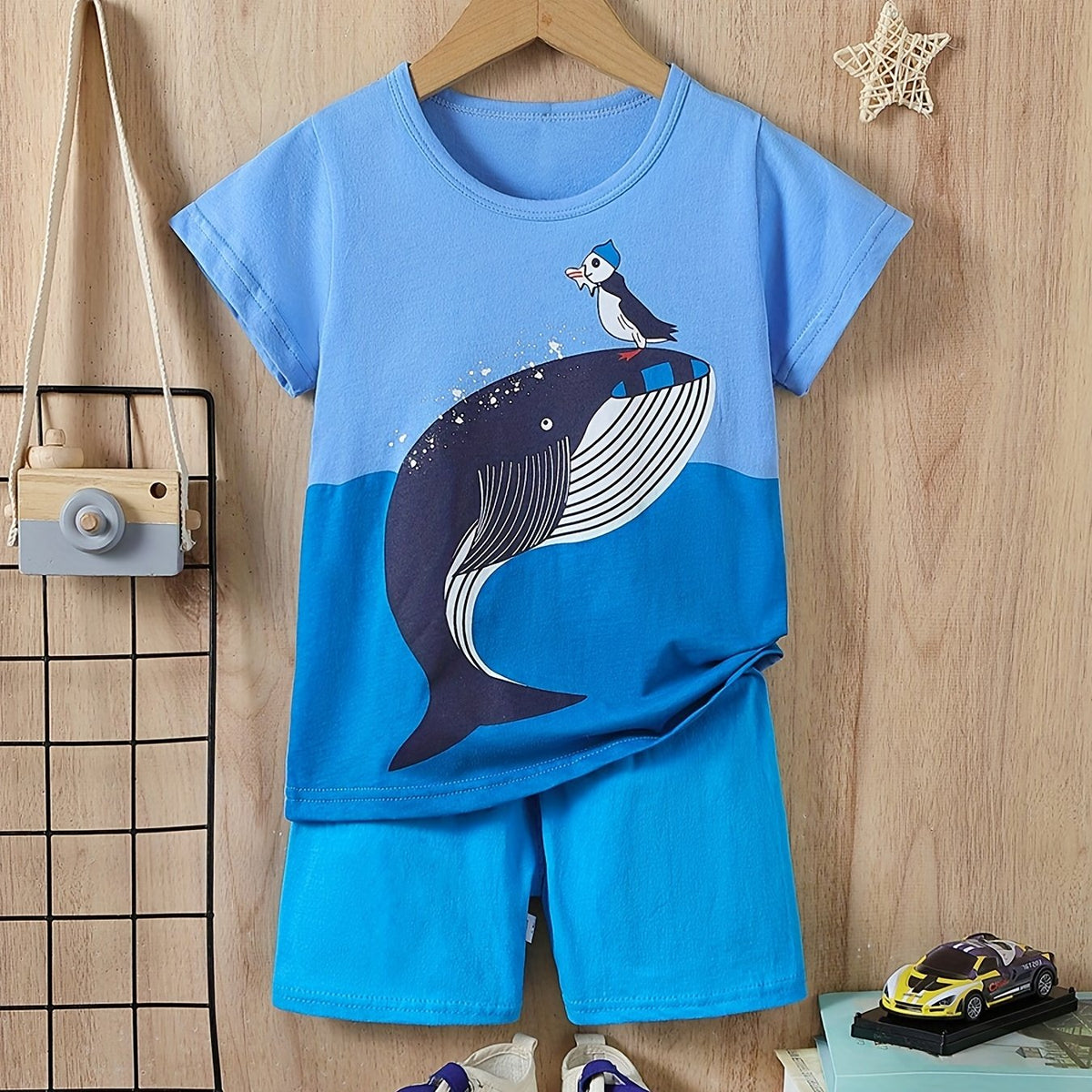 Boys Whale Graphic T-shirt & Shorts Set for Summer