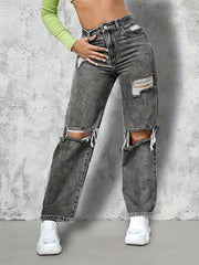 Grey Ripped Holes Straight Jeans Loose Fit Distressed Denim Pants