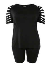 Women's Plus Solid Cut Out Tee & Biker Shorts Set