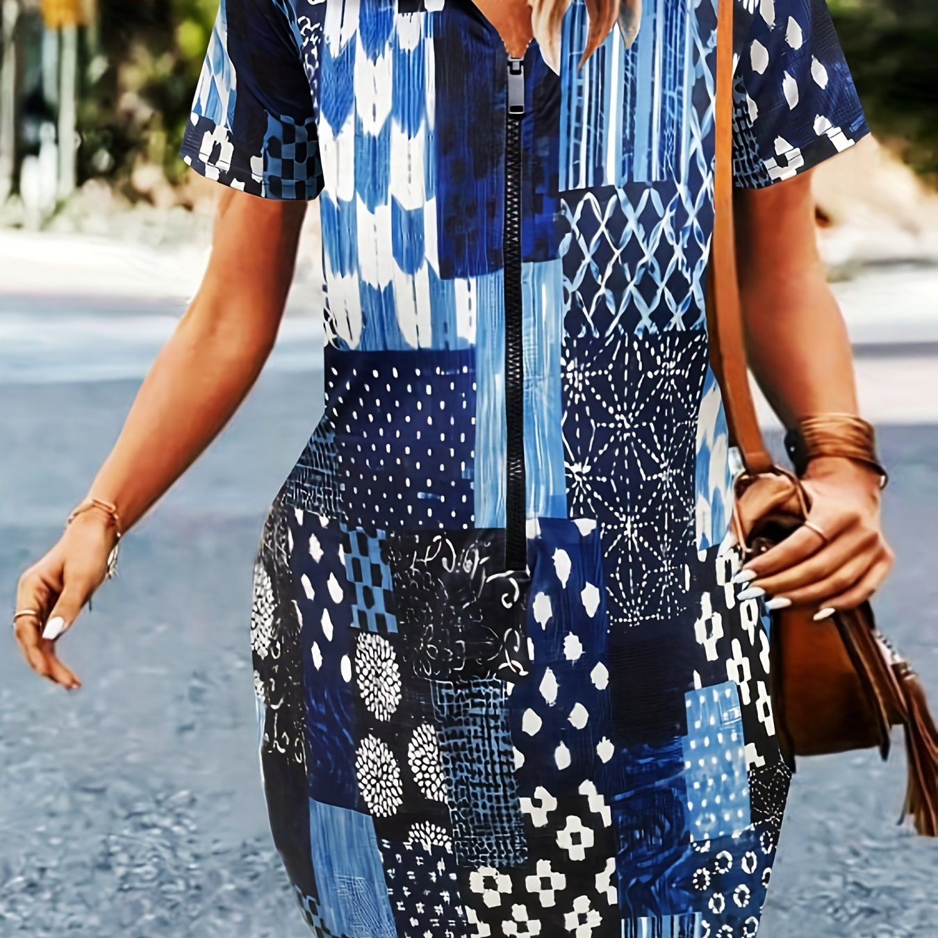 Casual Dress Women's Plus Short Sleeve V Neck Zipper Dress