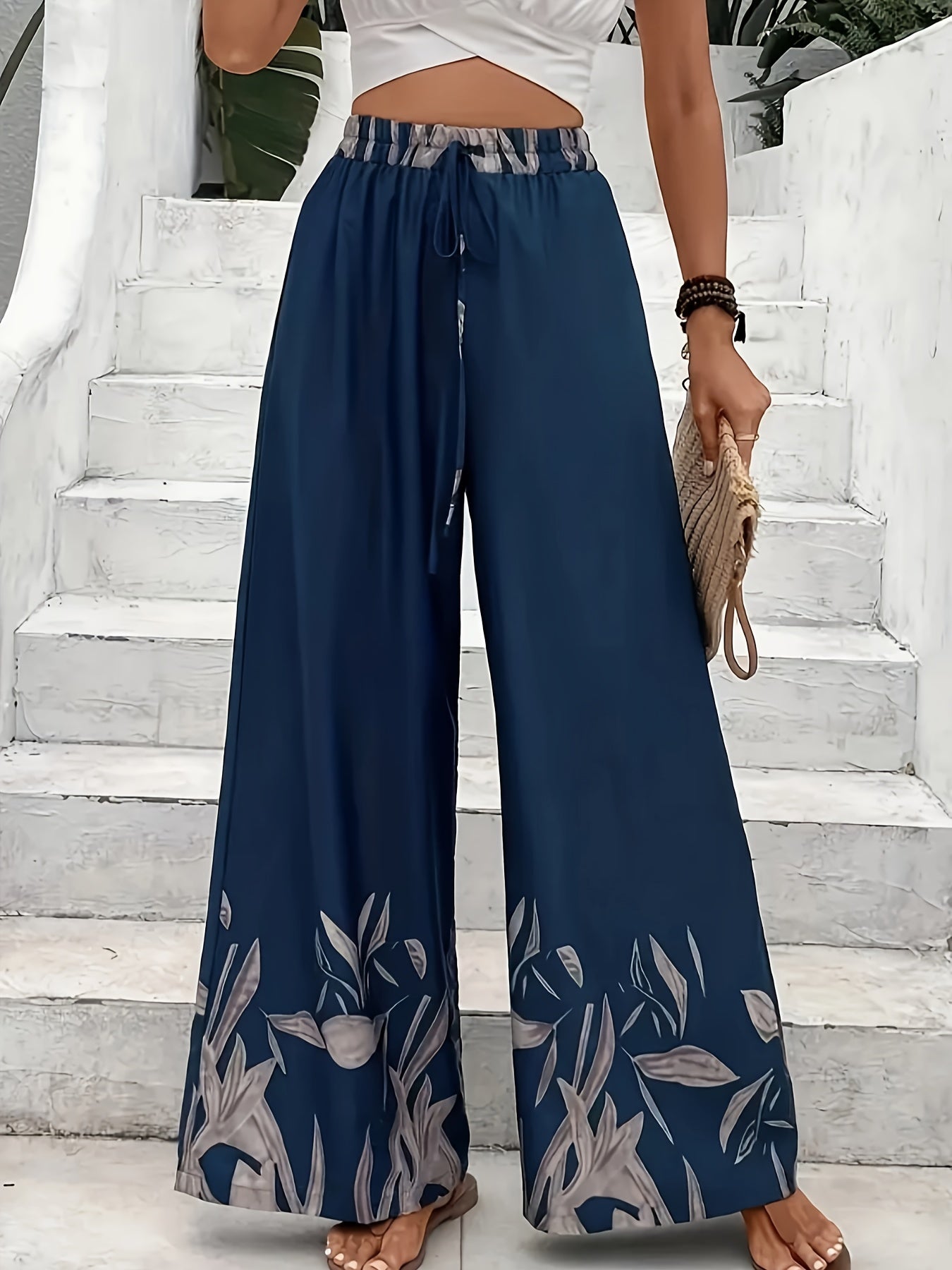 Women's Plus Floral Print Drawstring Elastic High Rise Wide Leg Trousers