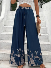 Women's Plus Floral Print Drawstring Elastic High Rise Wide Leg Trousers