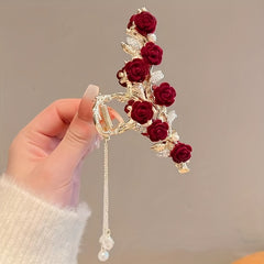 Alloy Flower Hair Claw with Faux Pearl Tassel Clip